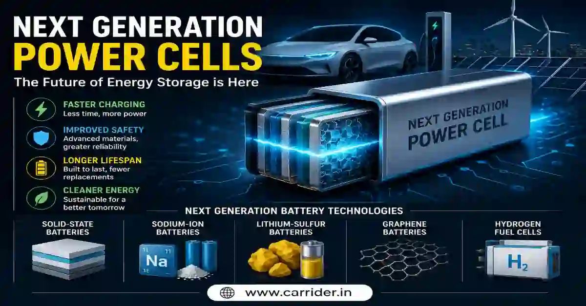 Next Generation Power Cells infographic featuring advanced battery technologies including solid-state batteries, sodium-ion batteries, lithium-sulfur batteries, graphene batteries, and hydrogen fuel cells. The image highlights faster charging, improved safety, longer lifespan, and cleaner energy solutions for electric vehicles and renewable energy